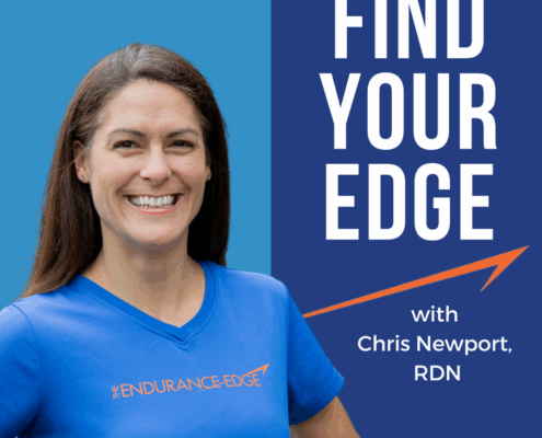 Cover art for the Find Your Edge Podcast featuring Chris Newport, MS, RDN, wearing a blue endurance shirt against a split blue background with the show title and a directional orange arrow.