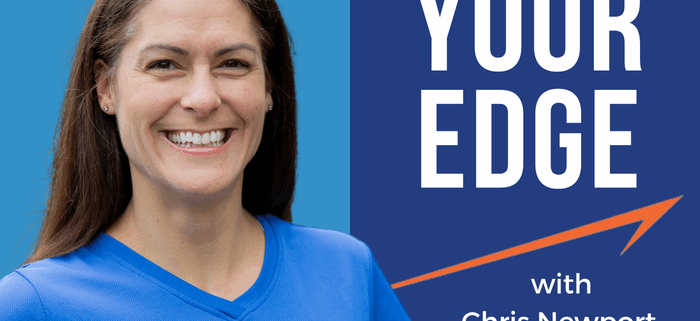 Cover art for the Find Your Edge Podcast featuring Chris Newport, MS, RDN, wearing a blue endurance shirt against a split blue background with the show title and a directional orange arrow.