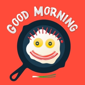 Good morning - funny breakfast with love, smiling face make with fried eggs and bacon, vector eps10 illustration.