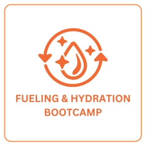 Fueling and hydration bootcamp icon with water droplet and energy cycle symbols.