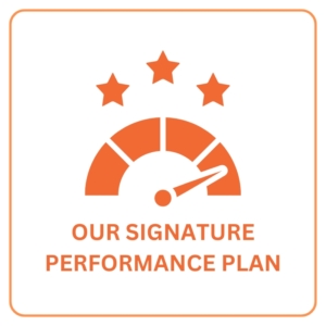 Ad graphic for Our Signature Performance Plan featuring an orange performance gauge and three stars, representing peak health and optimized results