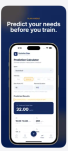 Hydration Edge app interface showing a prediction calculator for athlete sweat rate and personalized fluid needs.