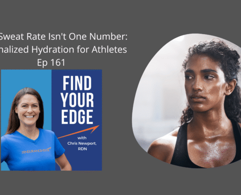 Find Your Edge podcast banner titled Your Sweat Rate Isn't One Number featuring Chris Newport and a sweaty athlete.