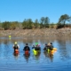 A group of swimmers wearing wetsuits, bright caps, and safety buoys standing in shallow lake water during an open water swimming for beginners session.